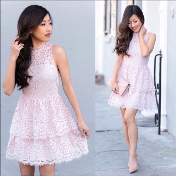 Express Pink Lace Tiered Style Dress Feminine Contemporary Boho Cottage Core - Picture 1 of 16